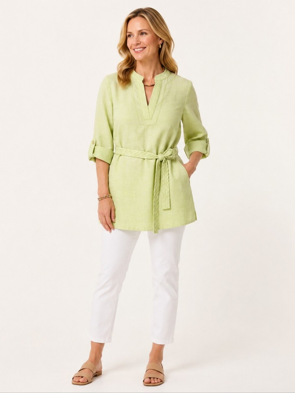Dana Buchman Linen Blend Coastal Tunic M Light Green Summer Resort Chic Belt Top